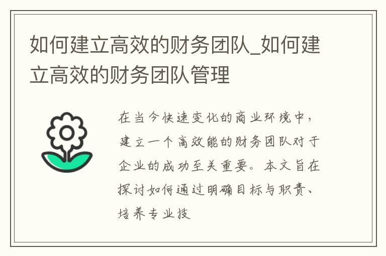 如何建立高效的财务团队_如何建立高效的财务团队管理