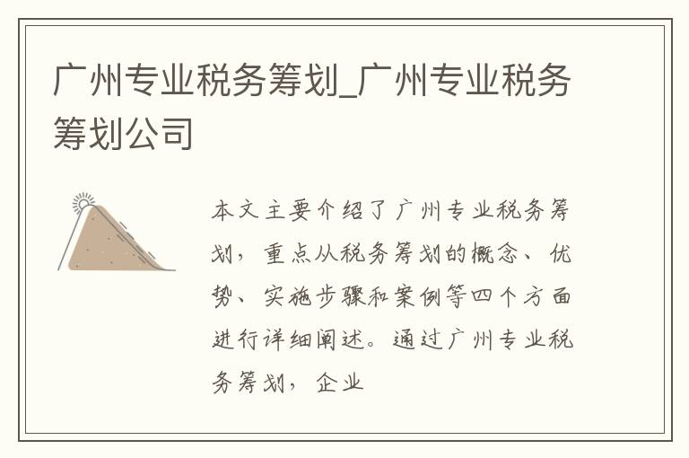 广州专业税务筹划_广州专业税务筹划公司